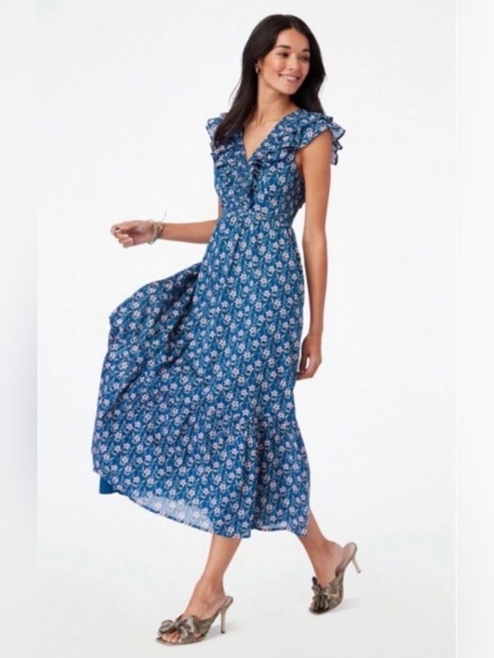 Roller Rabbit Jasmine Floral Ondine Teal Cotton Ruffle Smocked Midi Dress, XXS